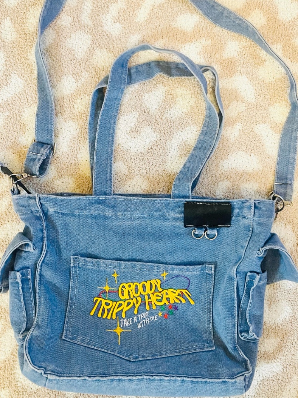 NWOT Groovy Trippy Heart Denim Crossbody Tote Bag Y2K Skater Utility Messenger
